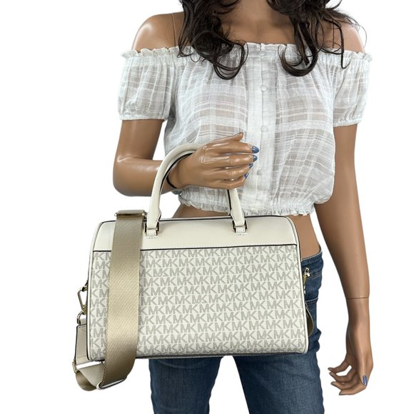 Michael Kors Jet Set Travel Medium Satchel Shoulder Duffle Bag MK Light Cream - Picture 2 of 11